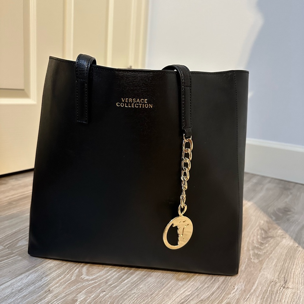 Black leather Versace Collection tote bag